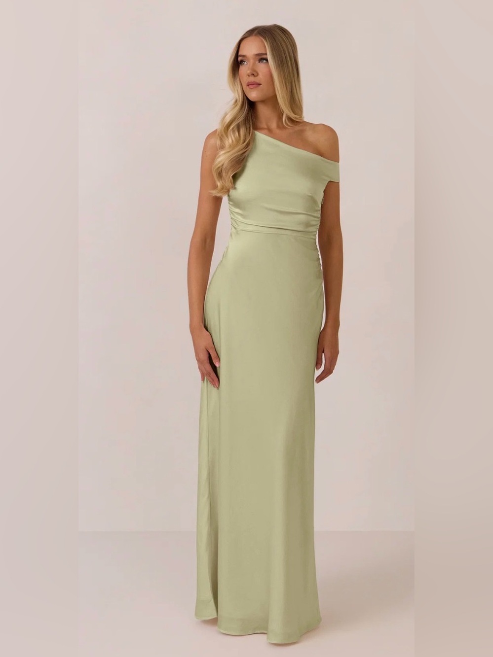 Park & Fifth One-Shoulder Sage- Pistachio Satin dress. Size XS. Worn once!